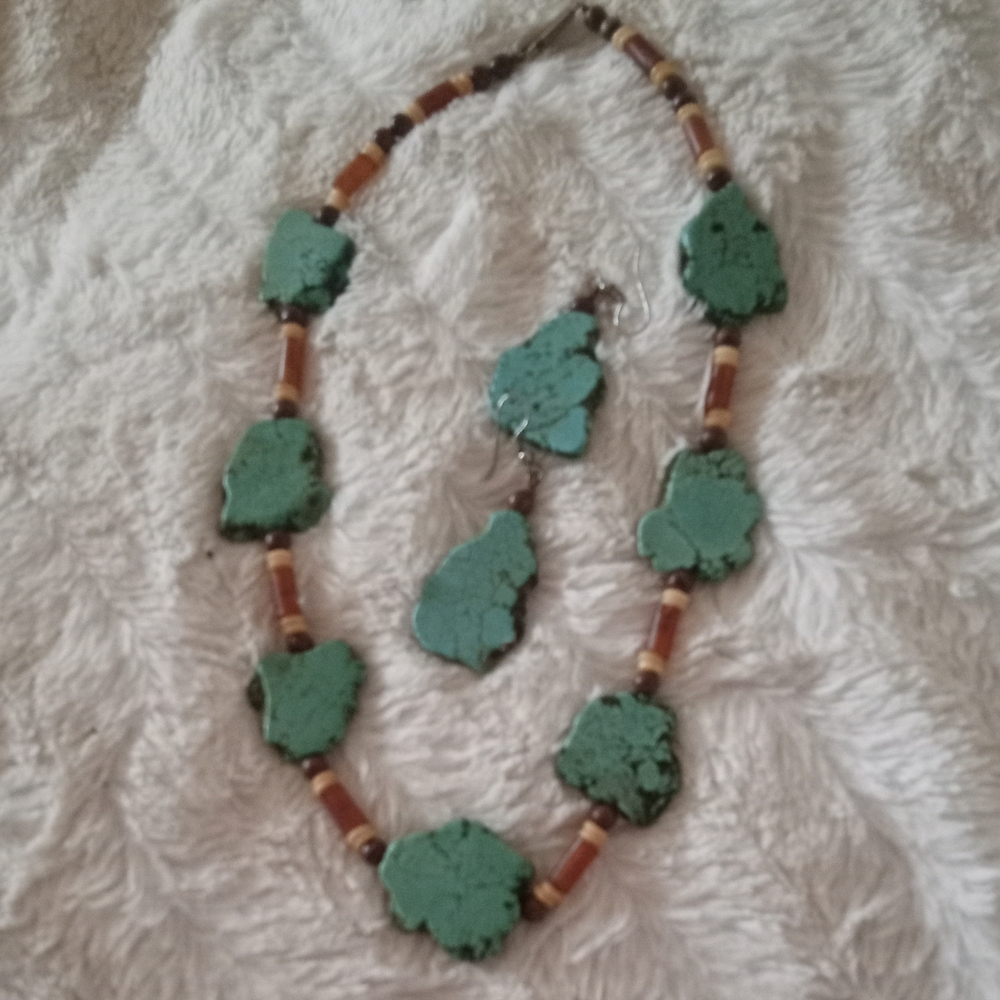 Turquoise and Brown Stone Necklace and Earring Set